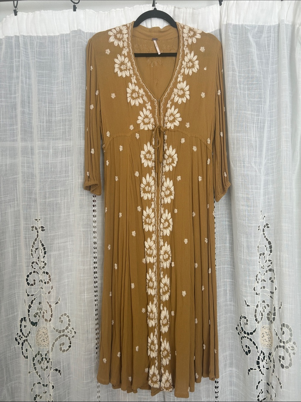 Free People Embroidered Boho Midi Fable Dress in Mustard